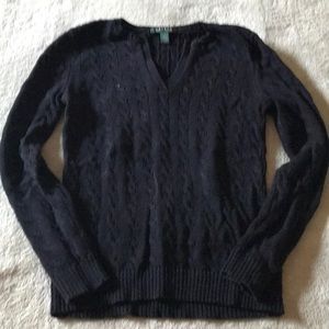 RALPH LAUREN Black Split Neck Cable Knit Sweater